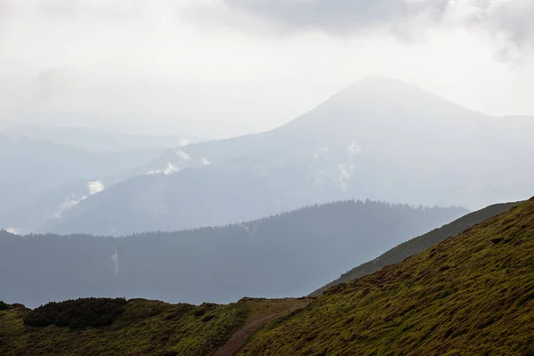 Estate Nebbioso Nuvoloso Cime Montagna Del Mattino Con Nuvole Basse — Foto Stock