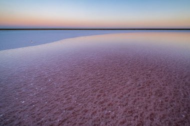 Genichesk Pembesi üzerinde gün batımı son derece tuzlu göl (kristal tuz kalıntılarıyla mikro algler tarafından renklendirilmiş), Ukrayna.