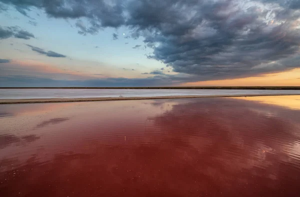 Sunset Genichesk Pink Extremely Salty Lake Colored Microalgae Crystalline Salt — Stock Photo, Image