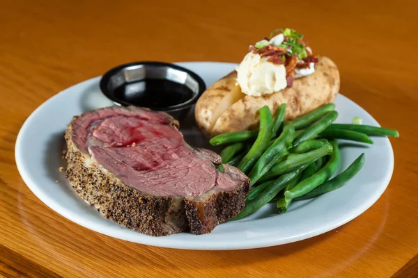 Prime Rib Meal Served Plate Loaded Potato Green Beans Side — Stock Photo, Image
