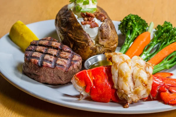 Grilled Lobster Filet Mignon Served Loaded Baked Potato Vegetables — Stock Photo, Image