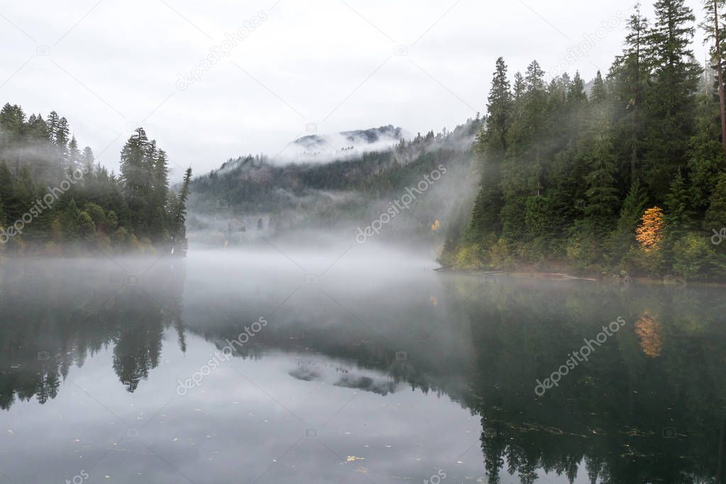 beautiful landscape with autumn colors reflecting on the surface of the water of the Toketee reservoir with a low fog adding a bit of mood