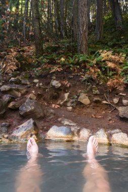 relaxing hot mineral pools surrounded by forest in the mountains of Oregon with my feet in the frame shoving my point of view clipart