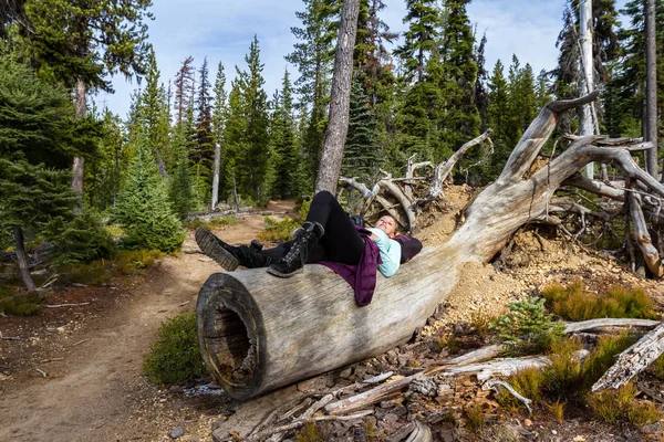 Senderista Tomando Descanso Tronco Después Caminar Unas Pocas Millas Camino — Foto de Stock