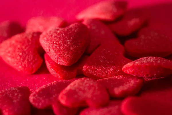 Macro Small Edible Sugar Shaped Hearts Vibrant Red Decorations Baked — Stock Photo, Image