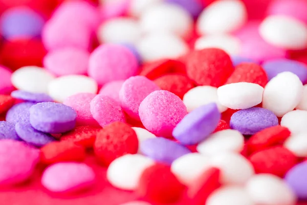 Macro Group Small Edible Sugar Sprinkles Different Hades Reds White — Stock Photo, Image