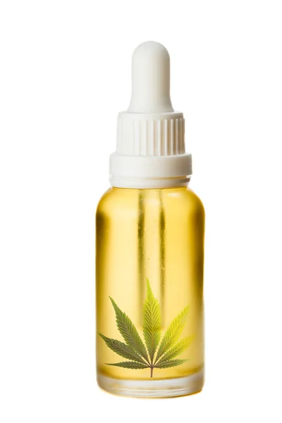 Pure Hemp Oil Vivid Golden Color Dropper Bottle White Background — Stock Photo, Image