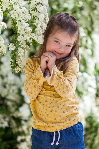 Portrét Šťastné Čtyřleté Holčičky Bílými Kvetoucími Květy — Stock fotografie