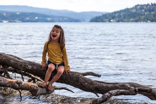 Porträt Eines Glücklichen Kleinen Mädchens Auf Einem Ausgesetzten Baumstamm See — Stockfoto