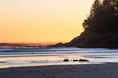 Oregon sahilinin soğuk sularında gün batımında ufukta turuncu bir parıltıyla sörf yapan bir adam.