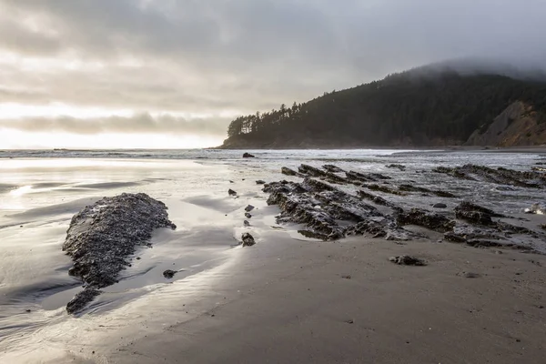 Humorzaste Popołudnie Wybrzeżu Oregonu Niskimi Chmurami Odrobiną Światła Skalistej Linii — Zdjęcie stockowe