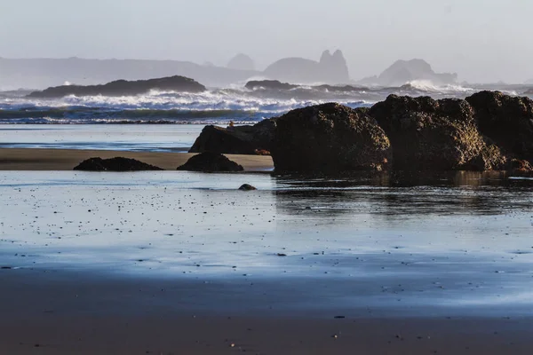 오리건주 해안에 자리잡고 마이어스 비치의 아름다운 바위들이 바위에 매달려 보라색 — 스톡 사진