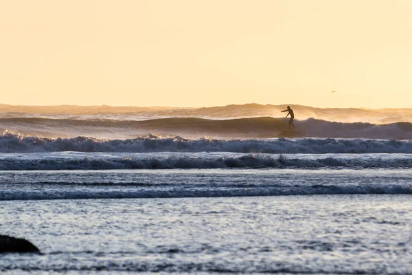 Surfing Zimnych Wodach Pacyfiku Wybrzeża Oregonu Gdy Słońce Zachodzi Rzucając — Zdjęcie stockowe