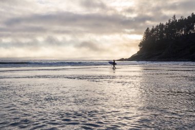 Okyanustan çıkıp sahilde yürüyen bir adam elinde sörf tahtasıyla suya yansıyan bulutlardan gelen altın ışıkla.