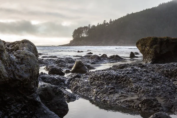 Oregon Sahilinde Karamsar Bir Öğleden Sonra Alçak Bulutlar Kayalık Kıyı — Stok fotoğraf