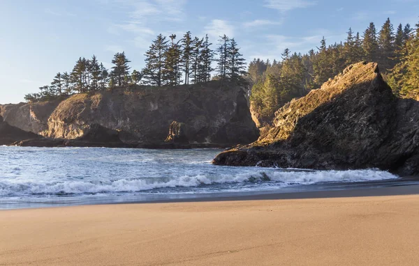 美しい晴れた日に常緑樹がトッピングされた美しい島で秘密のビーチとして知られているオレゴン州南部の海岸の静かなビーチ — ストック写真