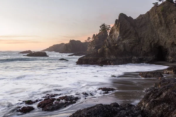 Soleil Couche Sur Secret Beach Dans Sud Côte Oregon Coucher — Photo