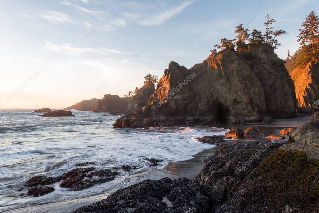 Beautiful sunset in Secret Beach Oregon with a soft warm glow on the rocks and evergreen trees on top of the islets that make this beach so recognizable.