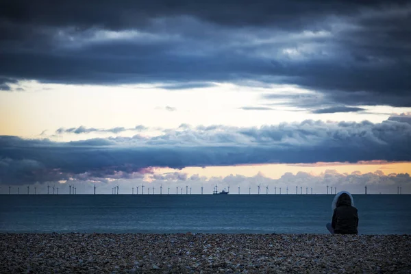 Offshore Windpark Der Dämmerung Vom Strand Aus Gesehen — Stockfoto