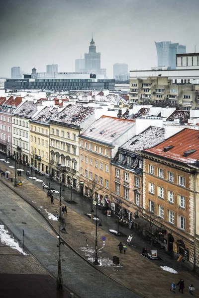 Warszawa Hustak Vintern Med Kulturpalatset Bakgrunden — Stockfoto