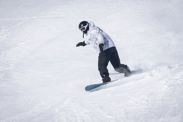 Genç adam snowboard snowboard ile toz kar tepeden biniyor . — Stok fotoğraf