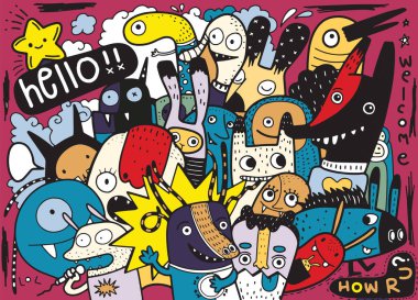 Hipster elle çizilmiş deli canavar şehir, çizim stili doodle. Vektör çizim.