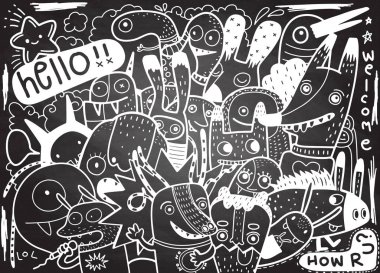 Hipster elle çizilmiş deli canavar şehir, çizim stili doodle. Vektör çizim.