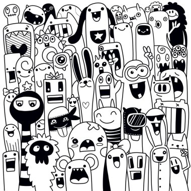 Boyama kitabı için seamless modeli komik canavarlar. Siyah ve beyaz arka plan. Vektör çizim