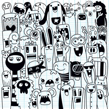 Boyama kitabı için seamless modeli komik canavarlar. Siyah ve beyaz arka plan. Vektör çizim