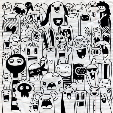 Boyama kitabı için seamless modeli komik canavarlar. Siyah ve beyaz arka plan. Vektör çizim