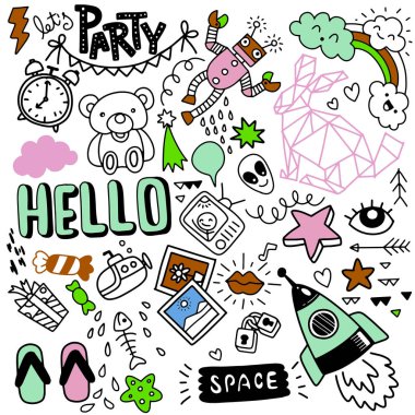 modern el çizilmiş doodle ayarla, komik renkli nesneleri kümesi doodle