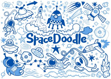 Elle çizilmiş alanı öğeleri desen. Alan arka plan. Uzay doodle illüstrasyon. Vektör çizim. 