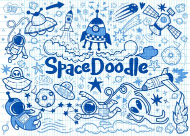 Elle çizilmiş alanı öğeleri desen. Alan arka plan. Uzay doodle illüstrasyon. Vektör çizim. 