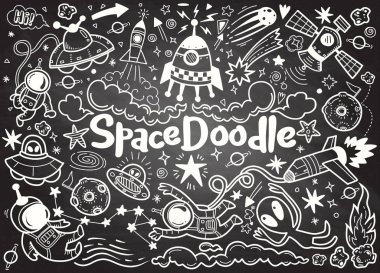 Elle çizilmiş alanı öğeleri desen. Alan arka plan. Uzay doodle illüstrasyon. Vektör çizim. 