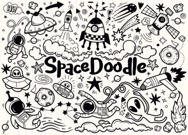 Elle çizilmiş alanı öğeleri desen. Alan arka plan. Uzay doodle illüstrasyon. Vektör çizim. 