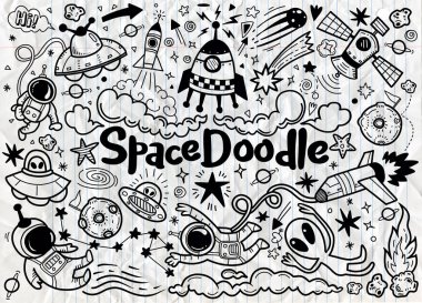 Elle çizilmiş alanı öğeleri desen. Alan arka plan. Uzay doodle illüstrasyon. Vektör çizim. 