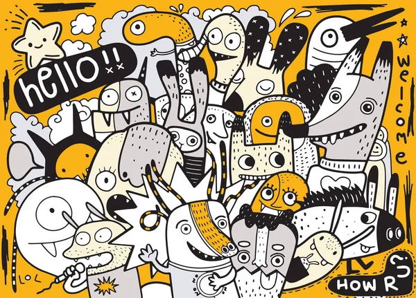 Hipster Dibujado Mano Loco Doodle Monster City Dibujo Style Vector — Vector de stock