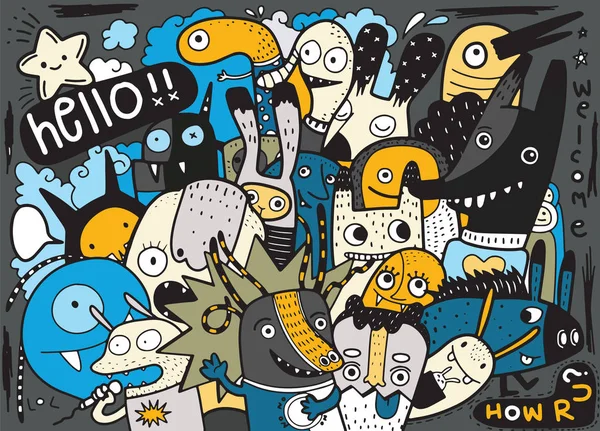 Hipster Elle Çizilmiş Deli Canavar Şehir Çizim Stili Doodle Vektör — Stok Vektör