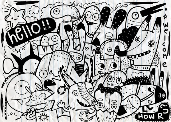 Hipster Hand Dras Crazy Doodle Monster City Ritning Stil Vektor — Stock vektor