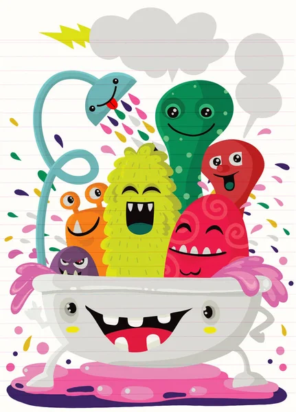Ilustração Estilo Desenho Animado Vetorial Monstros Engraçados Tomando Banho Cheio — Vetor de Stock