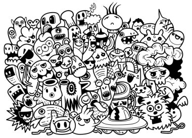 Boyama kitabı için komik canavarlar desen. Siyah ve beyaz arka plan. Vektör çizim