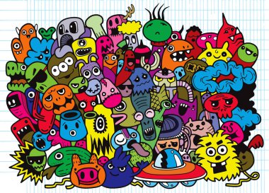 Boyama kitabı için komik canavarlar desen. Siyah ve beyaz arka plan. Vektör çizim