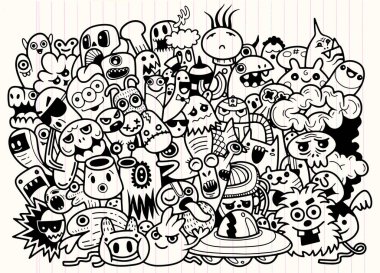 Boyama kitabı için komik canavarlar desen. Siyah ve beyaz arka plan. Vektör çizim