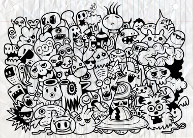 Boyama kitabı için komik canavarlar desen. Siyah ve beyaz arka plan. Vektör çizim