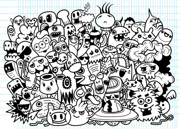 Modèle Monstres Drôles Pour Livre Coloriage Fond Noir Blanc Illustration — Image vectorielle