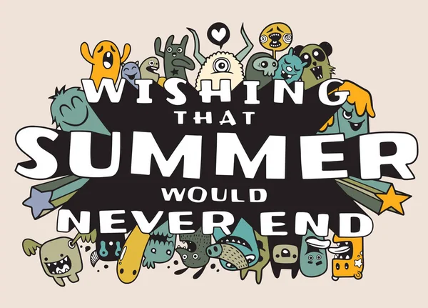 手描き夏要素のベクトル図を設定 かわいいモンスターの落書きイラスト — ストックベクタ