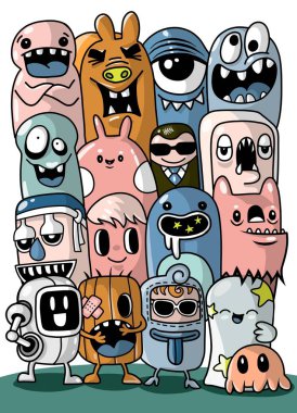 Canavarlar ve sevimli uzaylı dost, güzel, şirin çizilmiş canavarlar koleksiyonu vektör Eps 10 illüstrasyon vektör çizim.