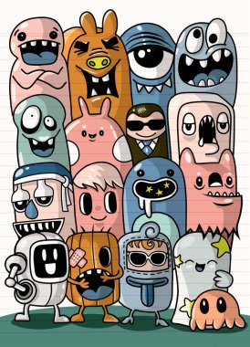 Canavarlar ve sevimli uzaylı dost, güzel, şirin çizilmiş canavarlar koleksiyonu vektör Eps 10 illüstrasyon vektör çizim.