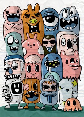 Canavarlar ve sevimli uzaylı dost, güzel, şirin çizilmiş canavarlar koleksiyonu vektör Eps 10 illüstrasyon vektör çizim.