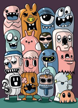 Canavarlar ve sevimli uzaylı dost, güzel, şirin çizilmiş canavarlar koleksiyonu vektör Eps 10 illüstrasyon vektör çizim.